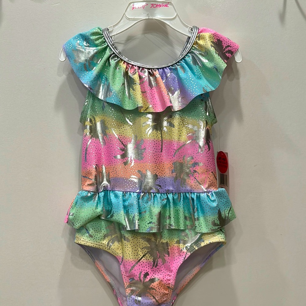 Little Girl’s Rainbow Palm Tree Overlay One Piece Swimsuit
